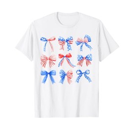 Coquette Bows Red White Blue USA Flag 4th Of July Women Girl T-Shirt
