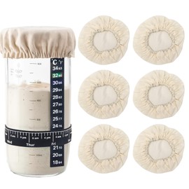 8PCS Sourdough Starter Jar Covers Cloth Kit with 6 Reusable Linen Covers, Thermometer & Time-Tracker Band - Fits 3-4" Mason Jars Container, Washable Cotton Cloth Bowl