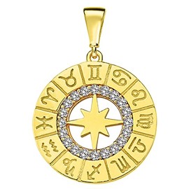 14k Yellow Gold Cubic-Zirconia Round Zodiac Compass Calendar Pendant, cubic-zirconia
