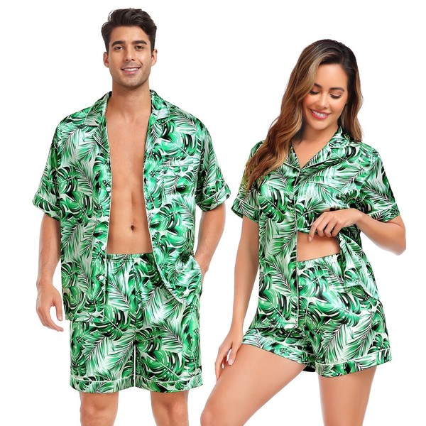 SWOMOG Satin Matching Pajamas Sets Couple Silk Button Down Nightwear