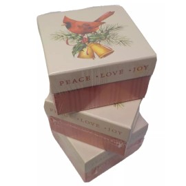 SET OF THREE CHRISTMAS GIFT BOXES APPROX 5 X 5 X 3 holly, bells, cardinal, pine