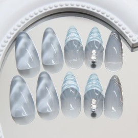 LYMCY Press-on Nägel Französisch, 3D unregelmäßige Linien mit blauen Ombre falsche Nägel, Kunstnägel für Frauen und Mädchen - 24 Stück