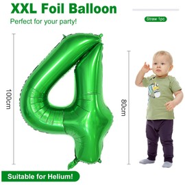 onehous Dark Green 4 Balloons, 40 Inch Large Foil Balloons Number 4 Green, Self Inflating Helium Balloons Number 4 for Boys Girls Birthday Party Jungle Football Party Decor Supplies (Dark Green#4)