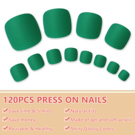 EternalClassic Press on Toenails, 120pcs Green Toe Nails Press ons Short Square Matte Acrylic Fake Toenails for Women