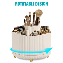 Veki 360°Rotating Makeup Brush Holder Organizer, Makeup Organiser for Dressing Table, Cosmetic Brush Holder for Bathroom Vanity, Cosmetic Brushes Container Storage for Lipstick Eyeliner (Cream)