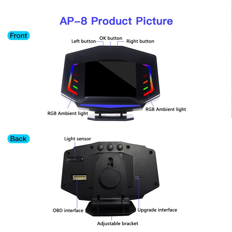 Car HUD Display OBD2 GPS Slope Meter Multifunction Overspeed Alarm