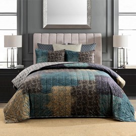 HORIMOTE HOME Velvet Patchwork Quilt Full/Queen Size, Reversible Vintage Pattern Bedspread Luxury Cozy Vlevet Comforter 3-Pieces Coverlet Bedding Set for All Season (Teal)