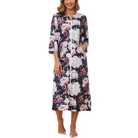 Korelayer Zipper Robes for Women 3/4 Sleeve Housecoats Long Lightweight Bathrobe House Dress with Pockets, Floral Black, Medium