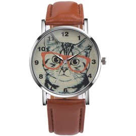 Unisex Scholar Cat Pattern Leather Band Analog Quartz Dial Wrist Watch (Brown)