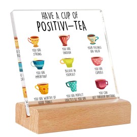 Positivi-tea Positivity Self Affirmation, Mental health sign - check in therapy office decor, therapist office decor - Clear Plaque Sign With Wooden Stand