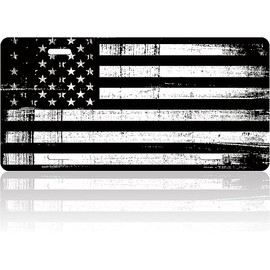 Vintage American Flag License Plate Black White USA Flag License Plate Funny for Car Decoration Vanity Tag Stainless Steel License Plate Frame Fits Any Standard Us Holder 6.2x12.2 for Women Men