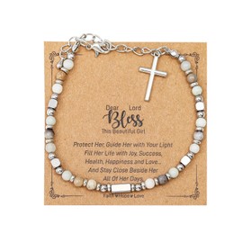 COLORFUL BLING Christian Religious Cross Natural Stone Beaded Bracelet Adjustable Chain Turquoise Bracelet for Women Friend Prayer Communion Easter Catholic Jewelry Gifts-D green