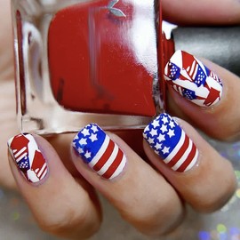 Independence Day Press on Nails Medium Square American Flag Nails 4th of July Fake Nails Blue Red Stripe White Star Design Acrylic Glue on Nails False Nails for Patriotic Party Nail Decoration 24Pcs
