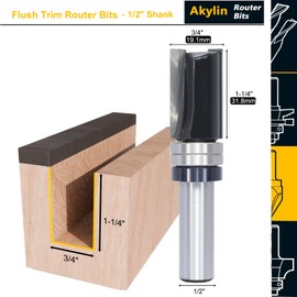 Akylin Flush Trim Pattern Router Bits 1/2 Inch Shank - Top Bearing Template Router Bit, 3/4" Cut Dia, 1-1/4" Cut Length, Carbide Tipped Straight Flush Cut Router Bit, for Woodworking Trimming Edge