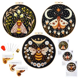 Armindou Hand Embroidery Starter Kits for Beginners Adults, Counted Stamped Cross Stitch Kit for Beginners Adults, Embroidery Needlepoint Kit with Moth Flower Pattern, 3 Hoops (Attached Teaching Video QR Code)