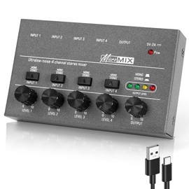 OFFCUP 4 Channel Audio Mixer, Mini Audio Mixer, 5V Ultra Compact Low-Noise Line Mixer, Metal Karaoke Sound Mixer with Separate Volume Adjustment for Guitar Bass Keyboards Stage Microphone Mixer (Grey)