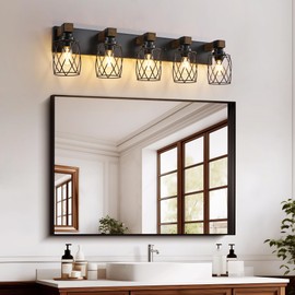 XvmBvm Farmhouse Bathroom Vanity Light, 5-Light Wood Bathroom Light Fixtures Over Mirror, Black Industrial Vanity Lights with Metal Shade, Rustic Bathrooms Lighting for Living Room, Bedrooms, Hallway