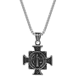OIDEA Men's Benedict Cross Necklace: Vintage Saint Cross Christian Catholic Religious Pendant with Wheat Chain Made of Stainless Steel Silver Black Gold Jewellery Gift for Men, Stainless Steel Gold