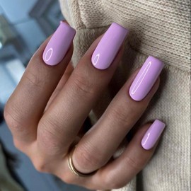 KQueenest Light Purple Press on Nails Long Medium Square, Lilac Fake Nails Medium Coffin, Glossy Sheer Color Acrylic Nails Press ons, Reusable Soft Gel Glue on Nails for Women Summer