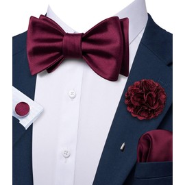 YOHOWA Mens Self-tied Bowtie with Lapel Pin Brooch Burgundy Silk Bow Tie and Handkerchief Cufflinks for Wedding Party