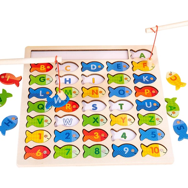 Fishing Toys for Toddlers - Wooden Magnetic Fishing Game and Puzzle with Numbers, Letters, and Color Sorting - Fun and Interactive Fishing Toy Preschool Learning - Fine Motor Skill Development.