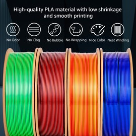 dikale Silk 3D Printing Filament PLA+ Tricolor and Dual Color 4-Pack Bundle - 1.75mm 3D Printing PLA Pro 250g x 4 Spools, Rose Red+Sky Blue+Green, Rose Red+Dark Blue+Green, Gold+Red, Black+Red