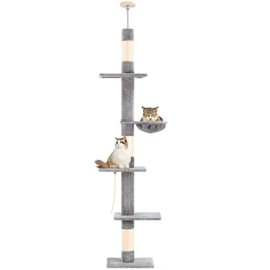 Cat Tree 5-Tier Floor to Ceiling, 89-109 Inch Adjustable Height Cat Tower with Cozy Hammock, Cat Climbing Tree for Indoor Cats, Sisal Cat Scratching Post for Cats to Jump and Climb, Gery