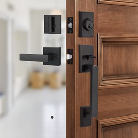 Gaurqiah Handle Set Heavy Duty Front Door Entry Handle and Deadbolt Lock Set Exterior Door Lock Set with Deadbolt Single Cylinder HandleSet Reversible for Right & Left Side, Matte Black