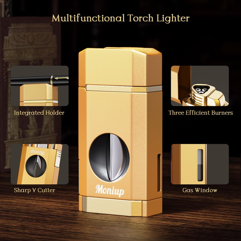 Triple Jet Torch Lighter with One-Touch Cutter, Holder, Draw Enhancer