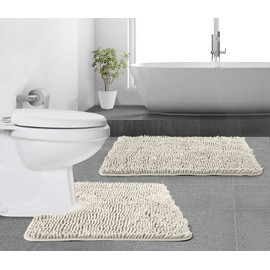 Gorilla Grip Soft Chenille Area Rug Set, 2 Piece Sets, Toilet Base Mat & 30x20 Mat, Absorbent Washable Mats, Microfiber Dries Quickly, Bath Rugs for Tub, Bathroom, Ivory