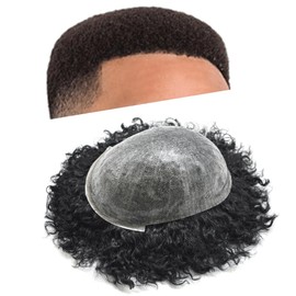 LYRICAL HAIR Afro Curly Toupee for Black Men 8X10 Full Poly African American Human Hair Systems Injected PU Hairpiece Replacement Skin Kinky Curly Wigs (6MM Afro Wave, 1# Jet Black)