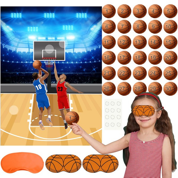 PLULON Basketball Party Game for Kids Pin The Basketball on The Hoop Game Basketball Poster with 30Pcs Basketball Stickers for Boys Girls Birthday Party Wall Decorations Classroom Activities