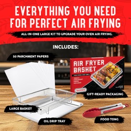 Shizzo Air Fryer Basket for Oven– Large Stainless Steel Air Fryer Tray and Pan Set with 50 Parchment Papers & Food Tongs – Oven Air Fryer Basket for Baking, Grilling, Crisping - Kitchen Gift For Mom