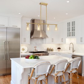 TYNEWRGY Modern Gold Kitchen Island Chandelier 4-Light Brushed Brass Farmhouse Pendant Light Industrial Kitchen Island Lighting Fixture with Glass Shades Hanging Lamp for Dining Living Room