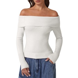 QINSEN Off The Shoulder Tops for Women Ribbed Knit Long Sleeve Pullover Sweater Classic-Fit Going Out Tops Beige XS
