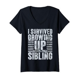 Womens I Survived Growing Up with My Sibling Funny Brother Twins V-Neck T-Shirt