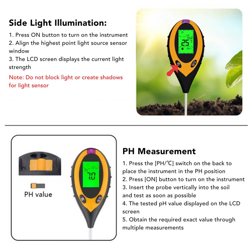 Soil Detector 4 in 1 Moisture Temperature PH Light Accurate