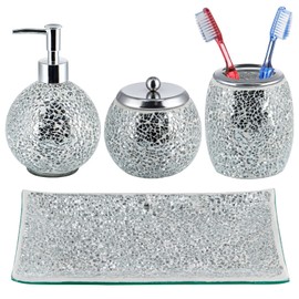 Sanbege Mosaic Glass Bathroom Accessories Set, Modern Luxury Bath Ensemble, Includes Soap Dispenser & Cotton Swab Jar & Toothbrush Holder & Vanity Tray (Shiny Silver)