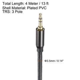 sourcing map 3.5mm Aux Cable, 13 ft 3 Pole Nylon Braided Male to Male Audio Wire, Hi-Fi Stereo Sound Audio Wire Cord for Earphones, Smart Phones, Speakers,Black
