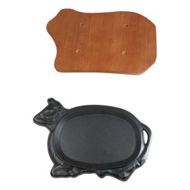 Ebros Gift Personal Size Cow Shaped Cast Iron Unseasoned Sizzling Fajita Pan Skillet Japanese Steak Plate With Wood Underliner Trivet Base Restaurant Home Kitchen