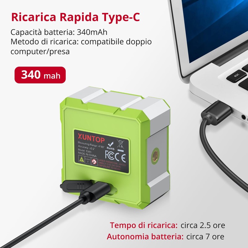 XUNTOP 4x90° Inclinometro Digitale con Laser Verde Precisione ±0,1°/ 0,2°