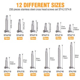 Pack of 230 Self-Tapping Screws, 410 Stainless Steel Drilling Screws Self-Tapping Kit, Self-Drilling Tapping Screws Set - 12 Sizes ST4.2 x 13/16/19/25/32/38/45/50 mm, ST4.8 x 13/19/25/32 mm