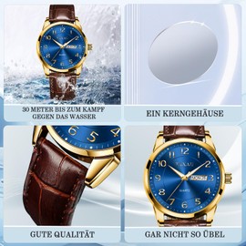 Taxau Watches Men's Waterproof Quartz Wrist Watches for Men Large Dial Men's Watch with Day - Date, 8405-brown strap blue dial