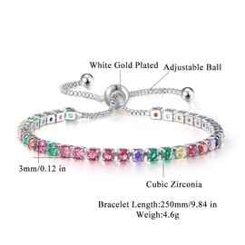 CiNily Adjustable Tennis Bracelets for Women Rainbow Cubic Zirconia Bracelet 14K White Gold Plated Hypoallergenic Slider Bracelet Jewelry