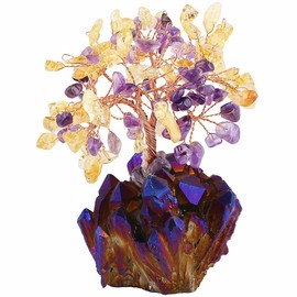 mookaitedecor Citrine & Amethyst Crystal Tree, Quartz Cluster Purple Titanium Crystals Base Bonsai Money Tree for Wealth and Luck