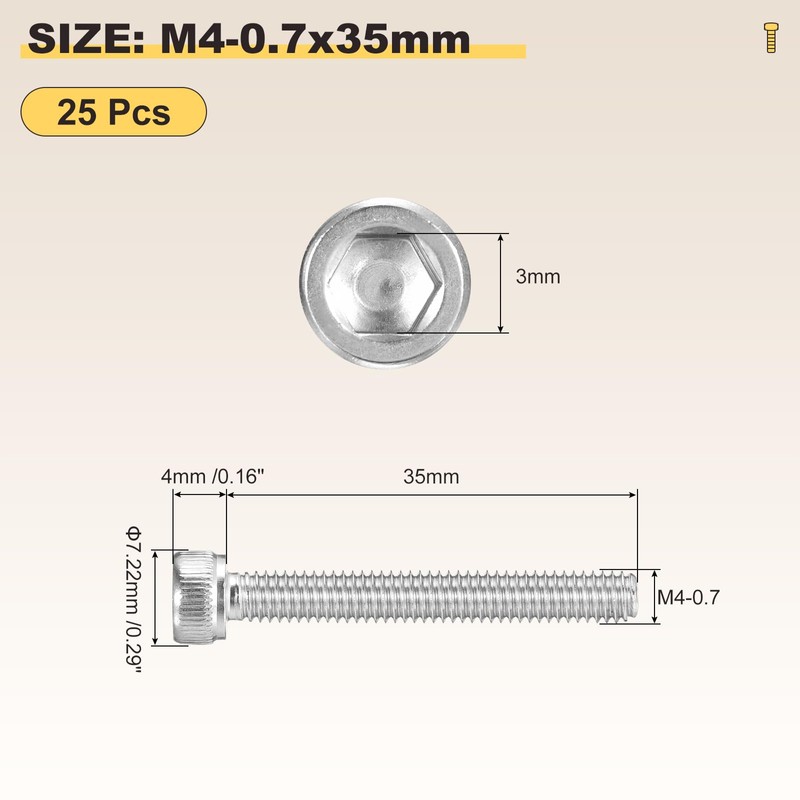METALLIXITY Socket Head Cap Screw(M4-0.7x35mm)25Pcs, 304 Stainless Steel Allen Socket