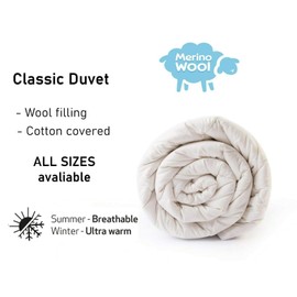 Merino Wool Classic Super King Duvet, 220 x 260 cm, 500gsm, 10.5TOG, Natural, Super King Size Bedding