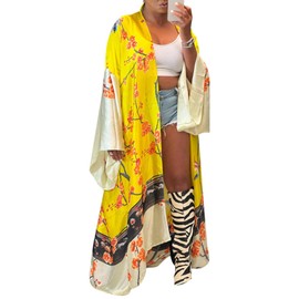 Famnbro Women's Floral Print Satin Robe Kimono Cardigan Open Front Long Cover Ups Outerwear One Size