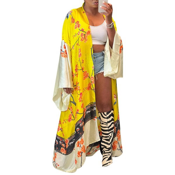 Famnbro Women's Floral Print Satin Robe Kimono Cardigan Open Front