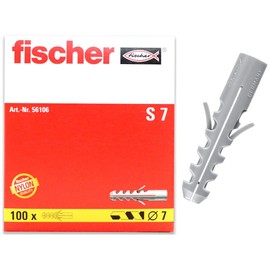 fischer | Caja Con 100 Taquetes S de Nylon 7 mm, Para Fijación En Concreto y Ladrillo Macizo